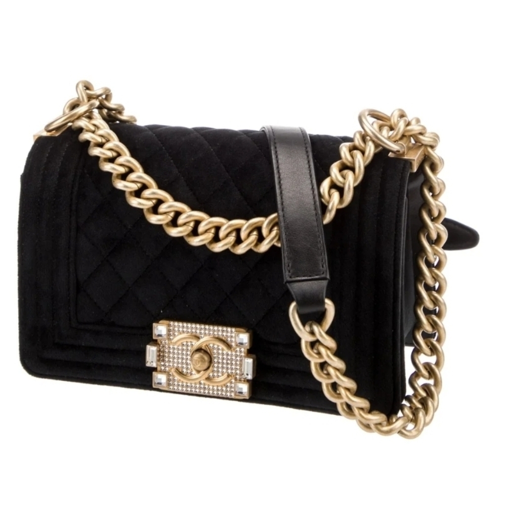 Chanel Small Black Velvet Strass Quilted Bag with Gold Chain